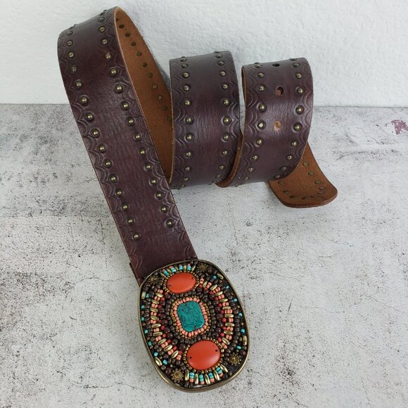 Vintage Lucky Brand Leather Belt Brown Studded Bohemian Beaded Buckle Western L main image 7